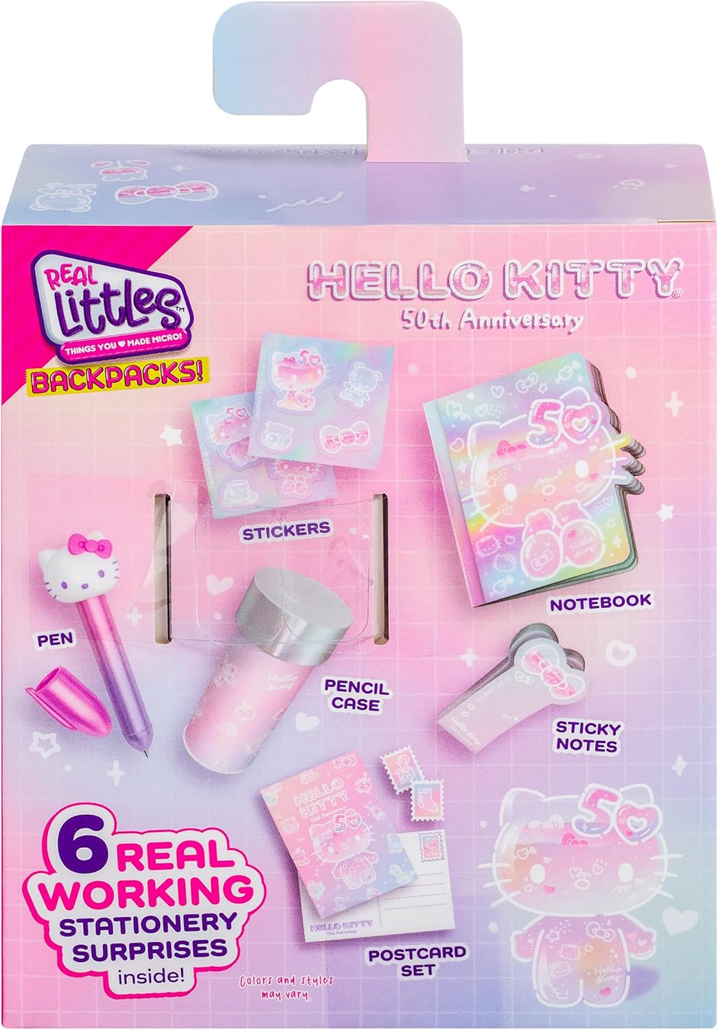 Hello Kitty stationery set packaging with various stationery items on a pink background