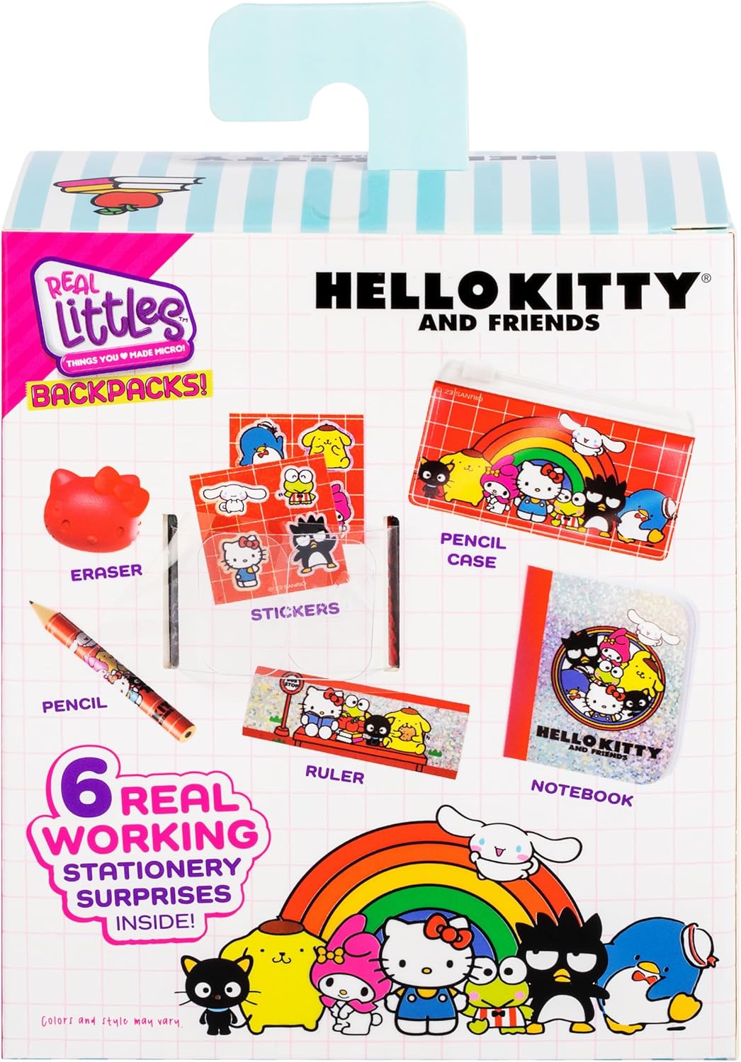 Hello Kitty and Friends stationery set packaging with colorful illustrations and text.