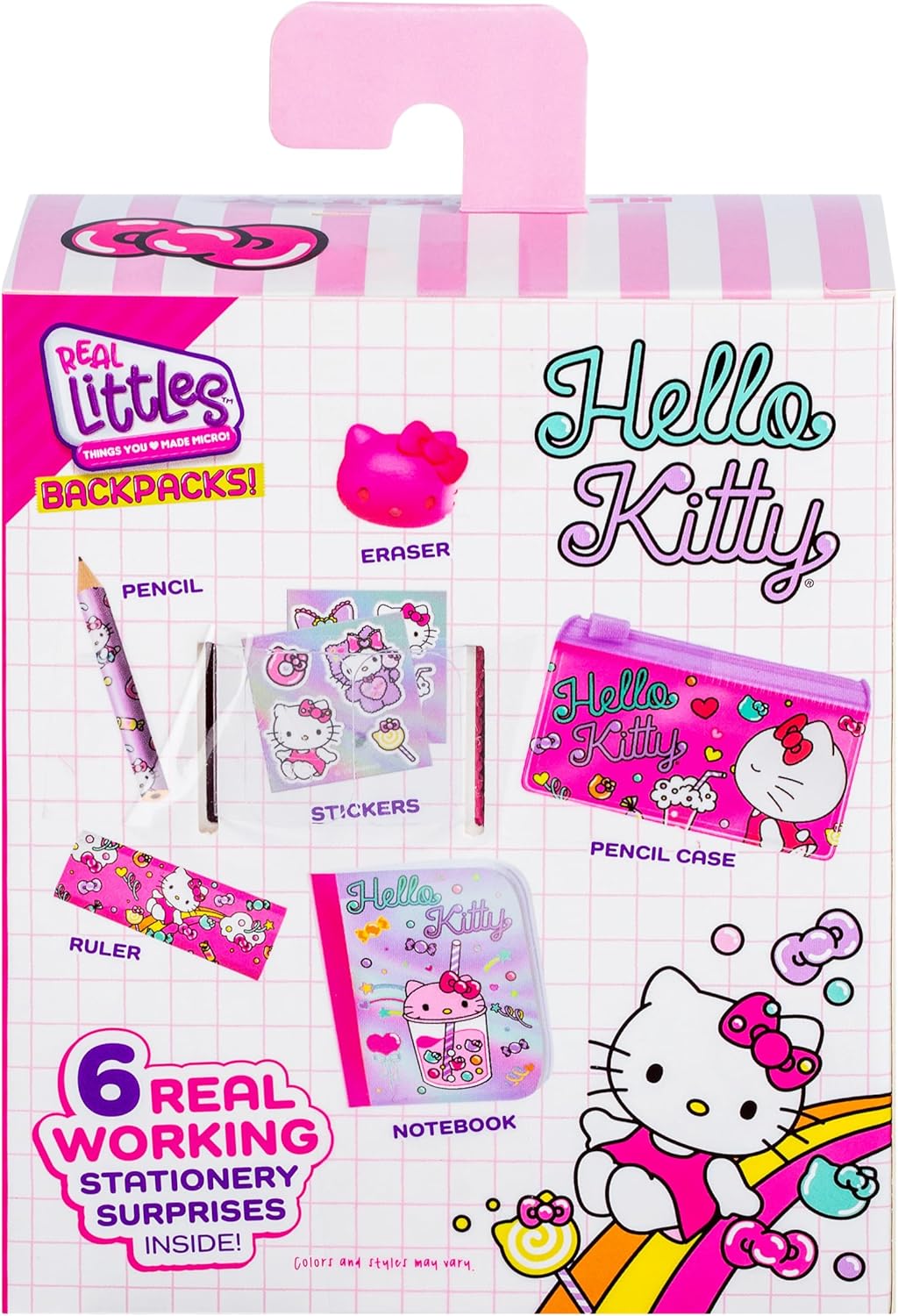 Hello Kitty stationery set packaging with various stationery items and character illustration.