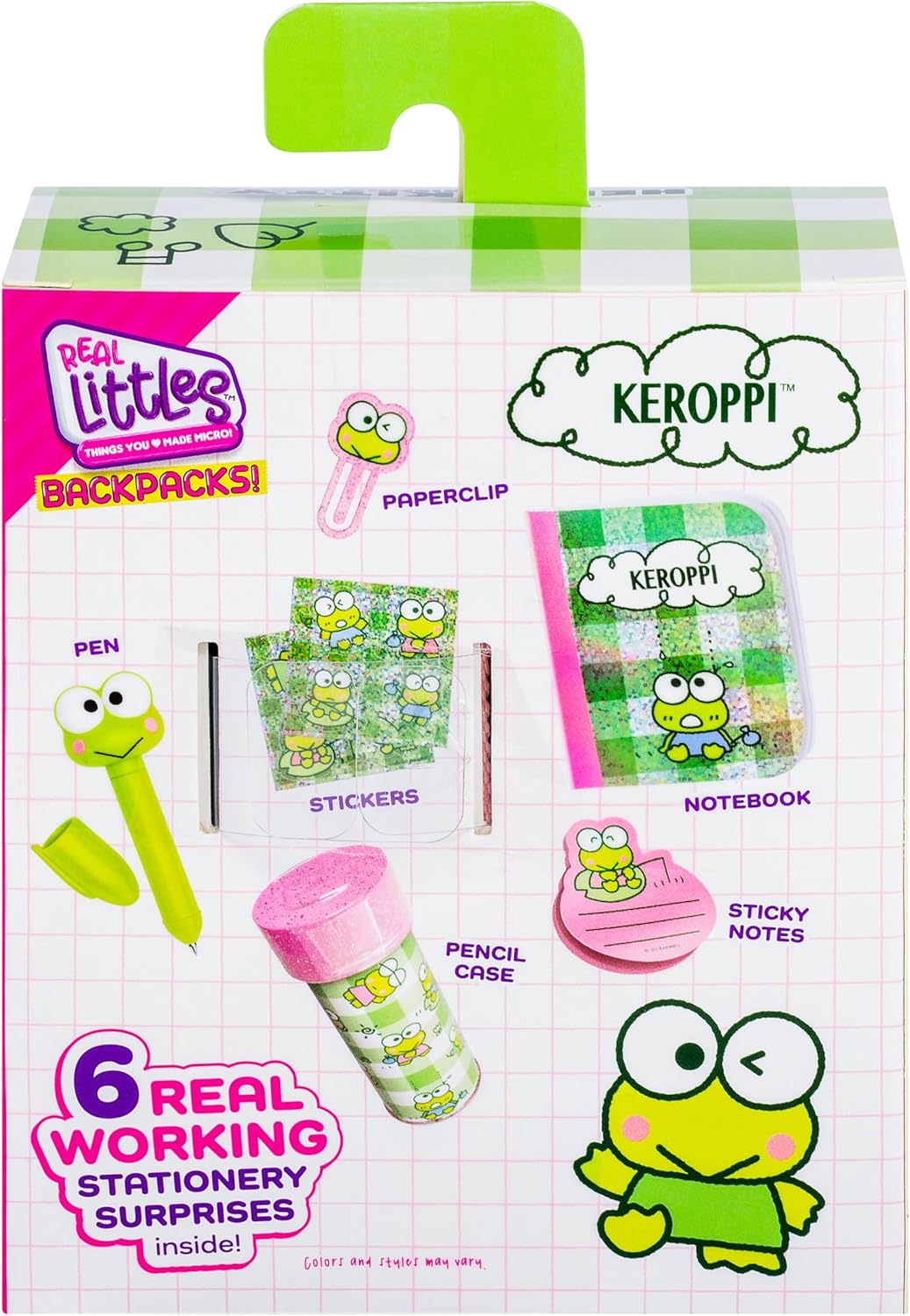 Keroppi-themed stationery set packaging with various stationery items on a checkered background.