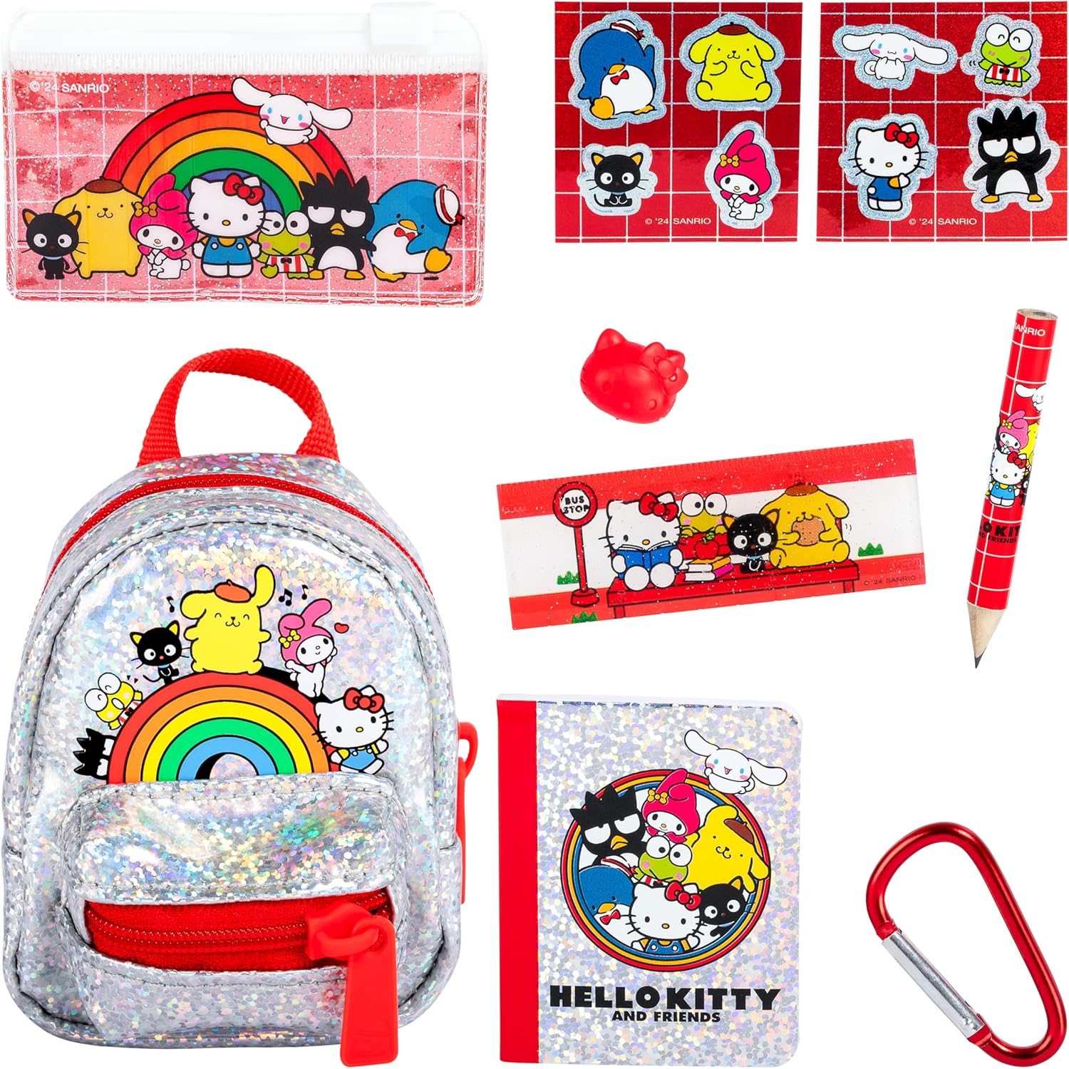 Collection of Hello Kitty and Friends themed stationery items including a backpack, pencil case, and accessories.