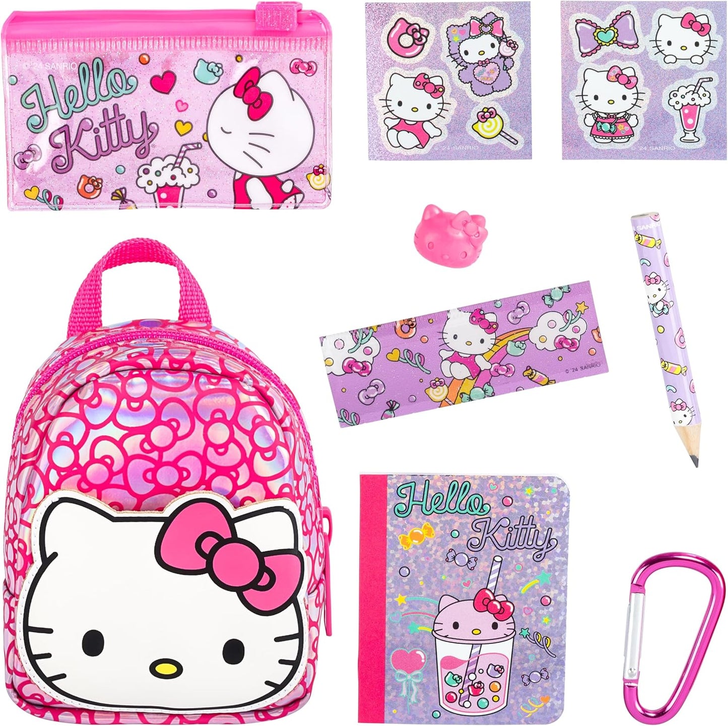 Collection of Hello Kitty-themed stationery items including a backpack, notebook, and pencil.