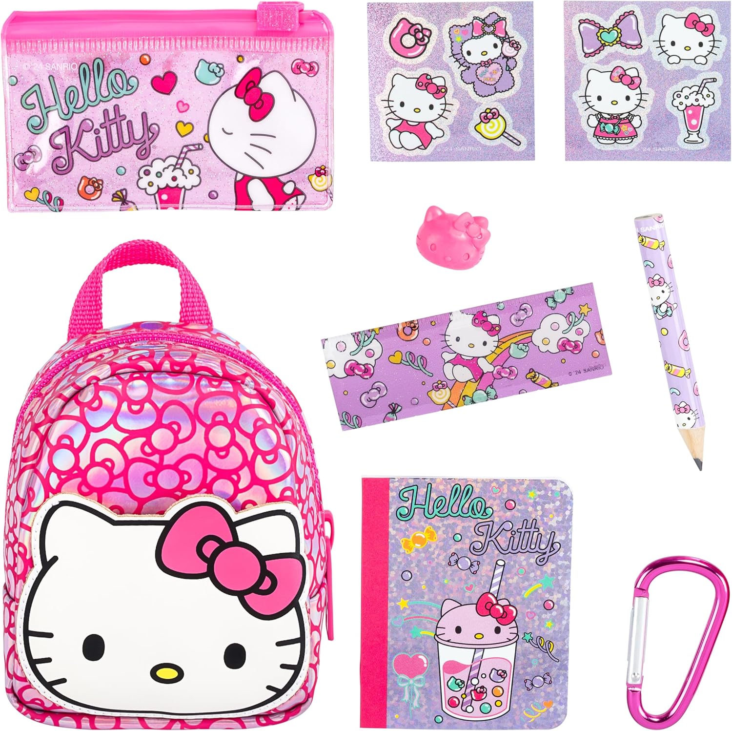 Collection of Hello Kitty-themed stationery items including a backpack, notebook, and pencil.