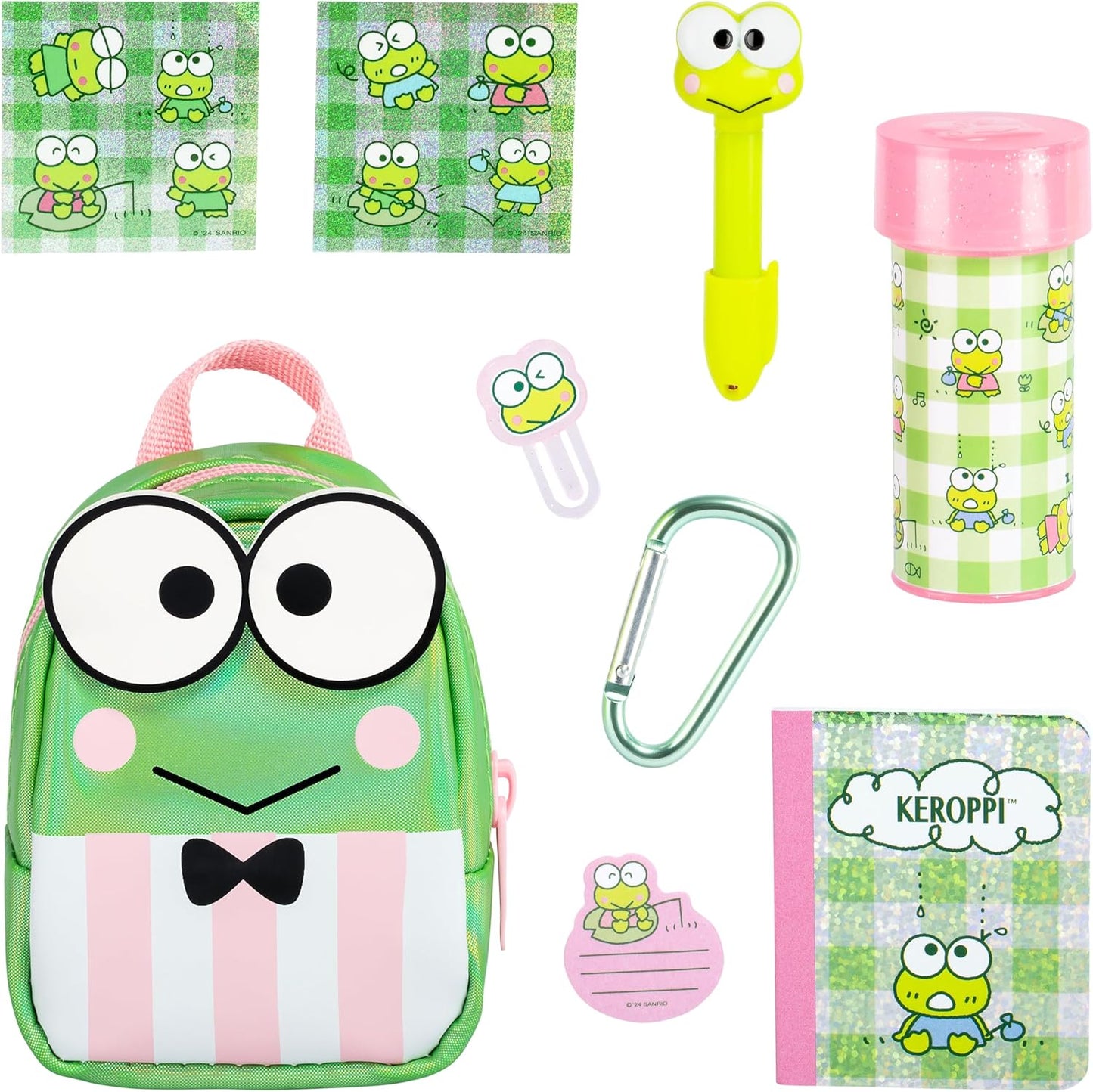 Collection of frog-themed stationery items including a backpack, pen, carabiner, and more.