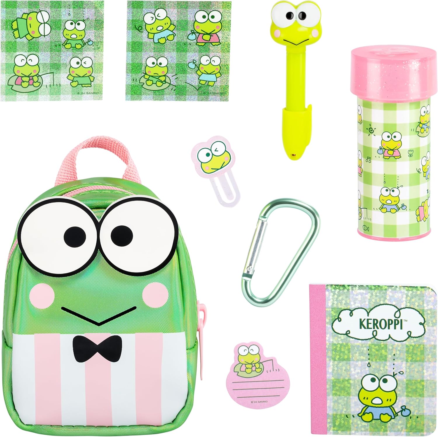Collection of frog-themed stationery items including a backpack, pen, carabiner, and more.