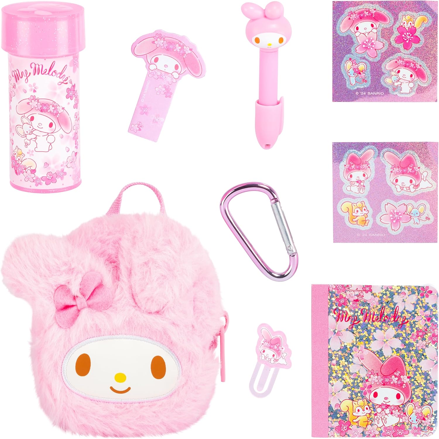 Collection of pink My Melody-themed stationery items on a white background