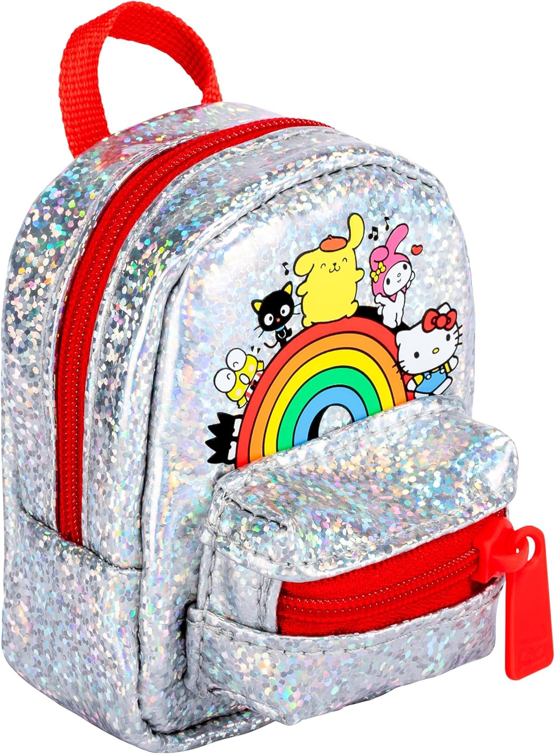Glittery backpack with cartoon characters and a rainbow on a white background