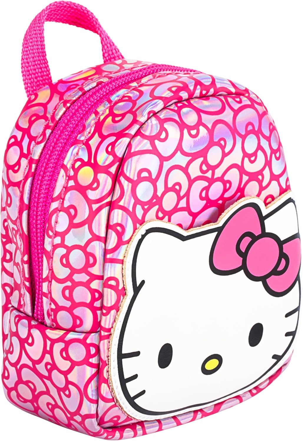 Pink backpack with Hello Kitty face and bow design on a white background