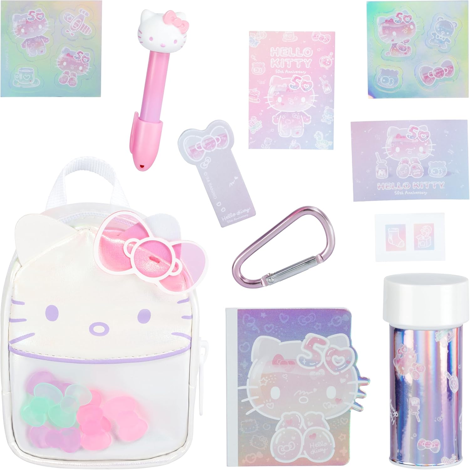 Hello Kitty stationery set with backpack, pen, carabiner, and more on a white background