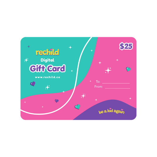 A $25 digital gift card from rechild, featuring a colorful design with teal and pink wavy sections, white sparkles, and purple accents, shown on a plain white background.
