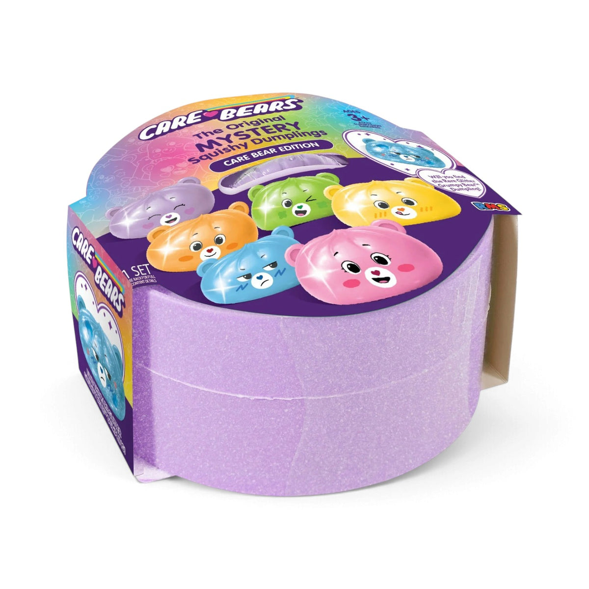 A purple mystery package for the RMS Crazy Fun Original Care Bears Mystery Squishy Dumplings featuring illustrations of various colorful Care Bear dumplings.