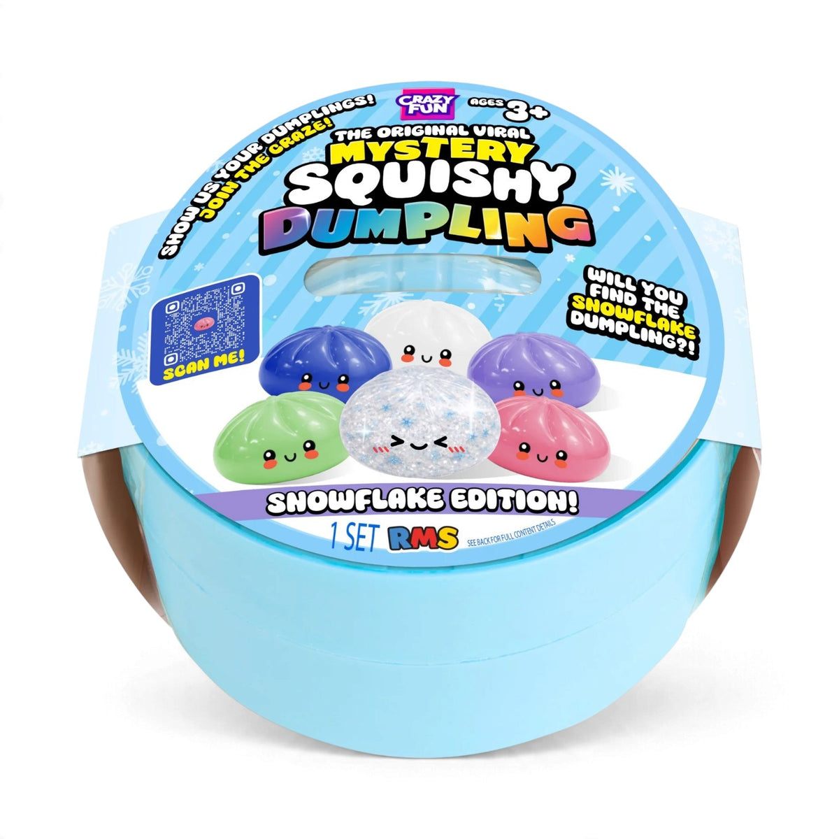 A light blue display package for the RMS Crazy Fun Original Mystery Squishy Dumpling Snowflake Edition featuring colorful winter-themed squishy dumplings.