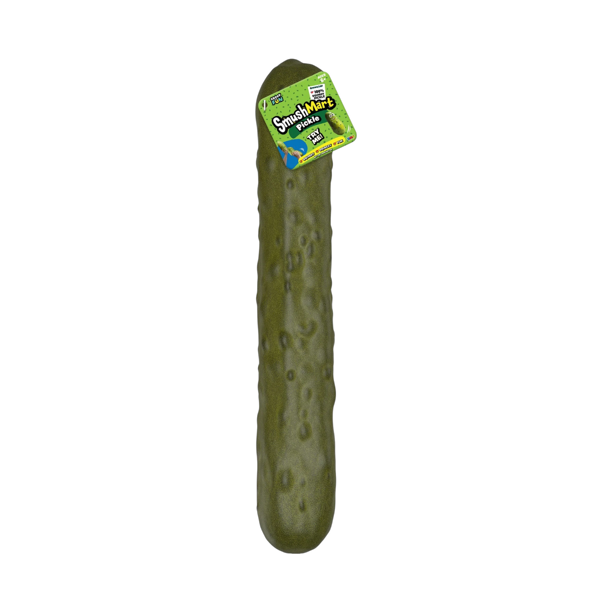 A jumbo authentic RMS Crazy Fun SmushMart Giant Pickle squishy fidget toy, shown being stretched and twisted by two hands.