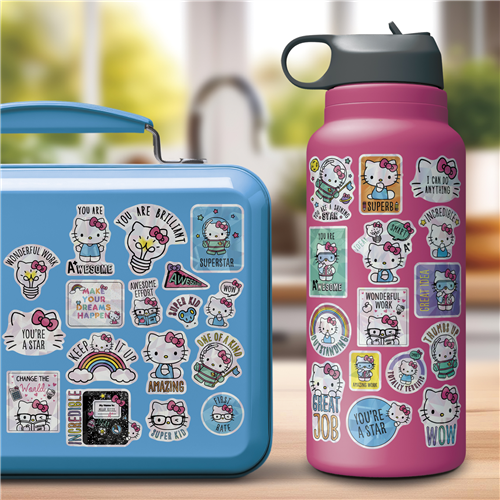 Blue lunch box and pink water bottle with Hello Kitty stickers on a blurred background