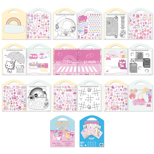 Set of colorful children's activity books with various designs on a white background.