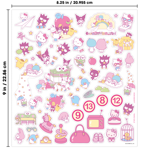 Sheet of colorful stickers featuring cartoon characters and objects with measurements on a white background.