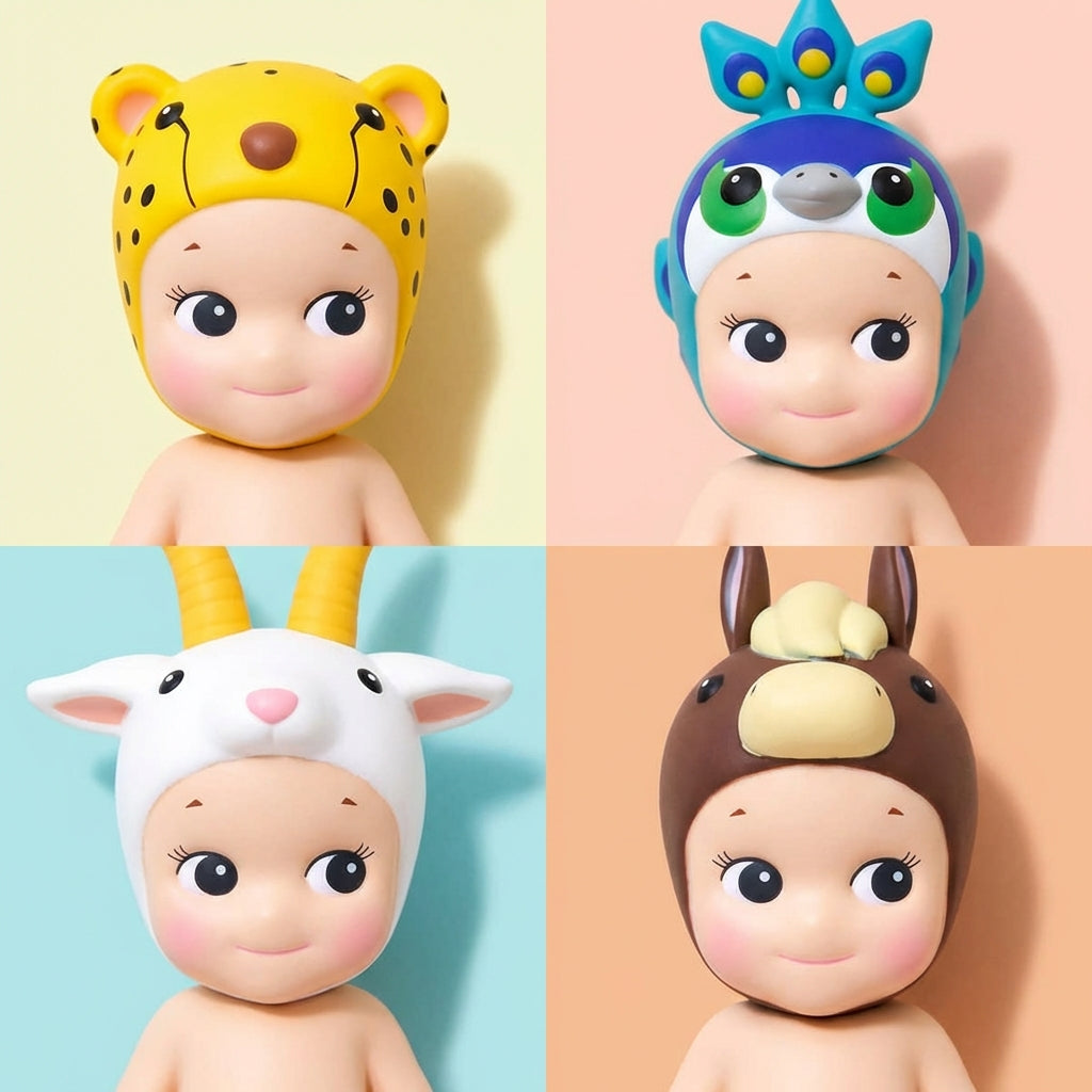 Four colorful baby dolls with animal-themed headbands on a multicolored background