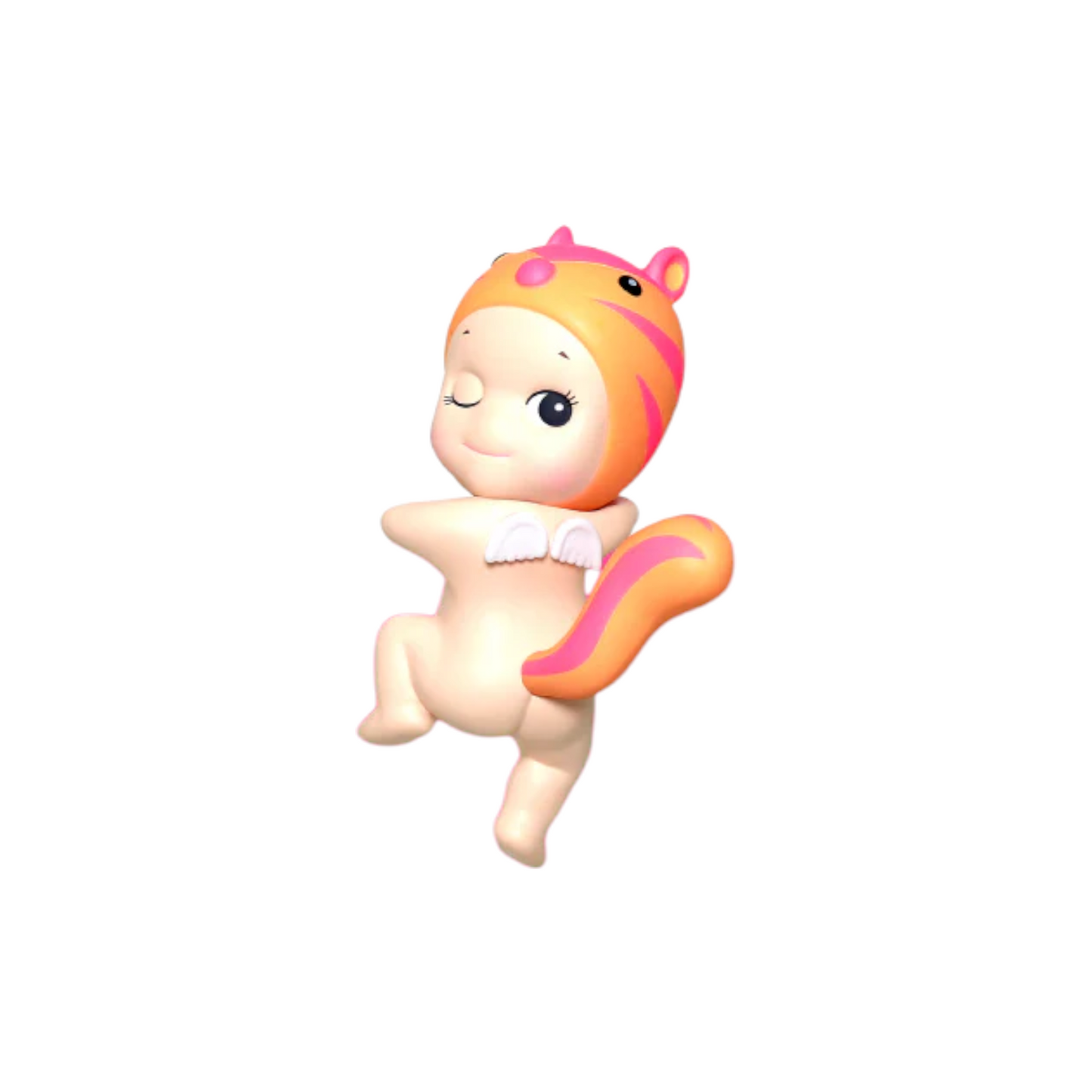 Toy figure of a baby with a squirrel hat on a white background