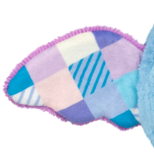 Squishable Alter Egos Series 21 Quilted Mothman plush with sky blue fur, mismatched antennae, and patchwork quilted wings.