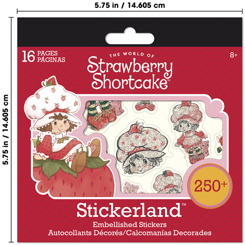 Strawberry Shortcake sticker book packaging with images of characters and text on a red background.