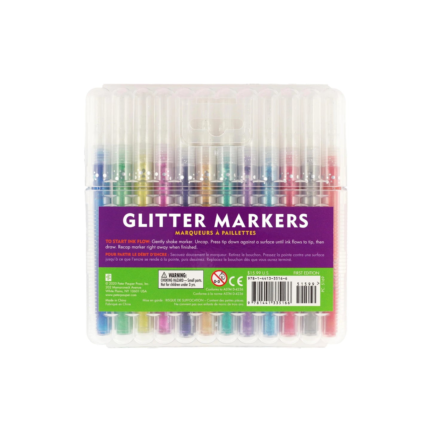 Studio Series 12-Piece Glitter Marker Set, featuring 12 vibrant sparkling colors with fine bullet tips in a clear plastic storage case