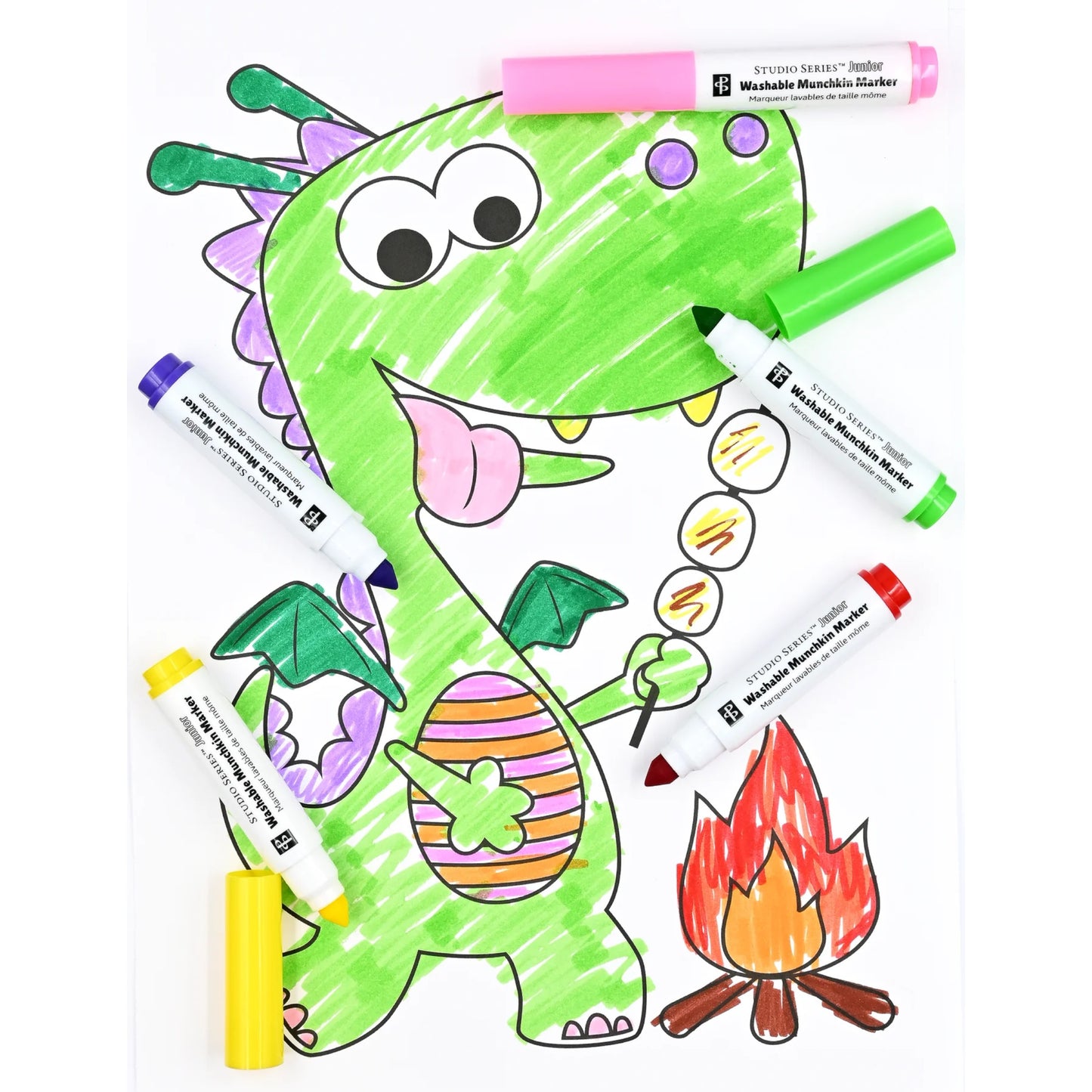 Colorful dinosaur drawing with markers on a white background