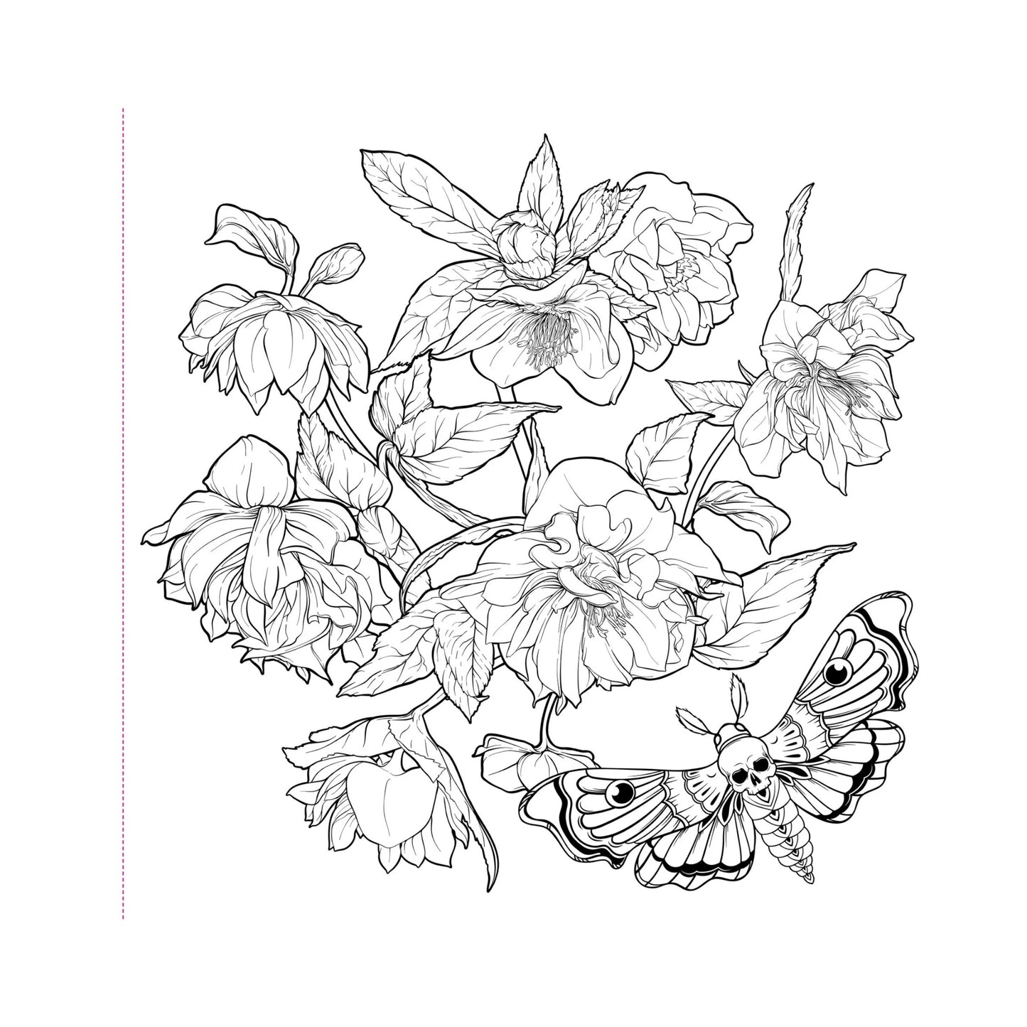 Black and white floral design with a butterfly on a white background