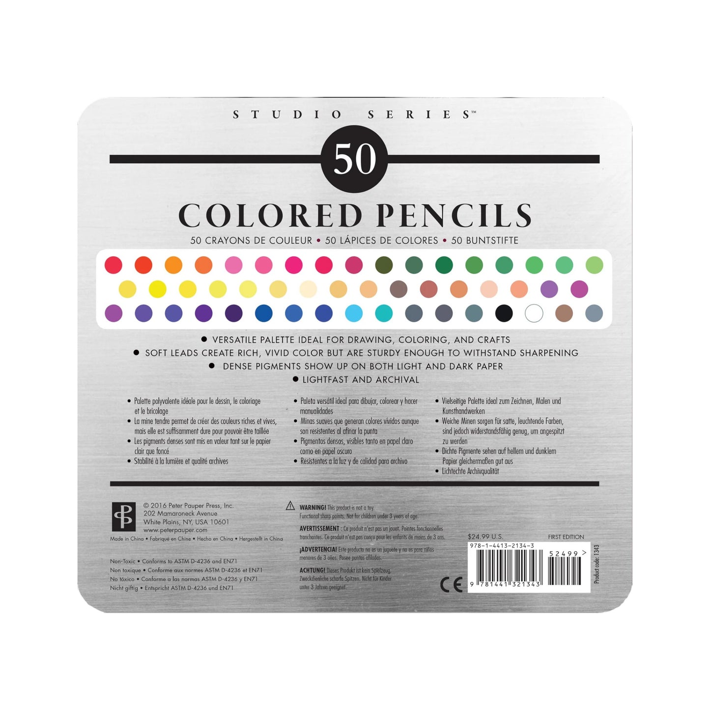 Studio Series 50-Piece Deluxe Colored Pencil Set, a protective tin containing premium artist-quality colored pencils