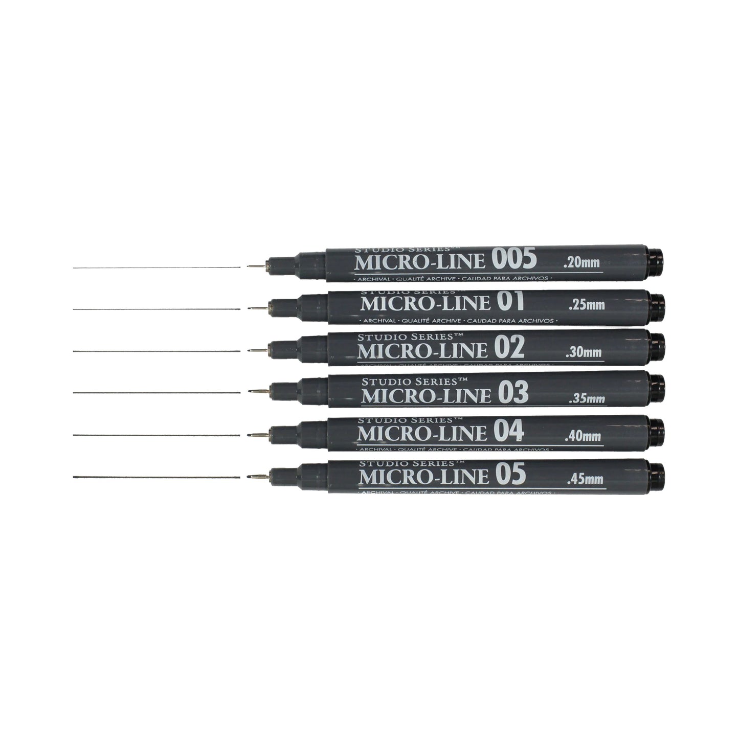 Studio Series 6-Piece Micro-Line Pen Set in a transparent reusable storage case, featuring six fine-line black pigment ink pens in various sizes.