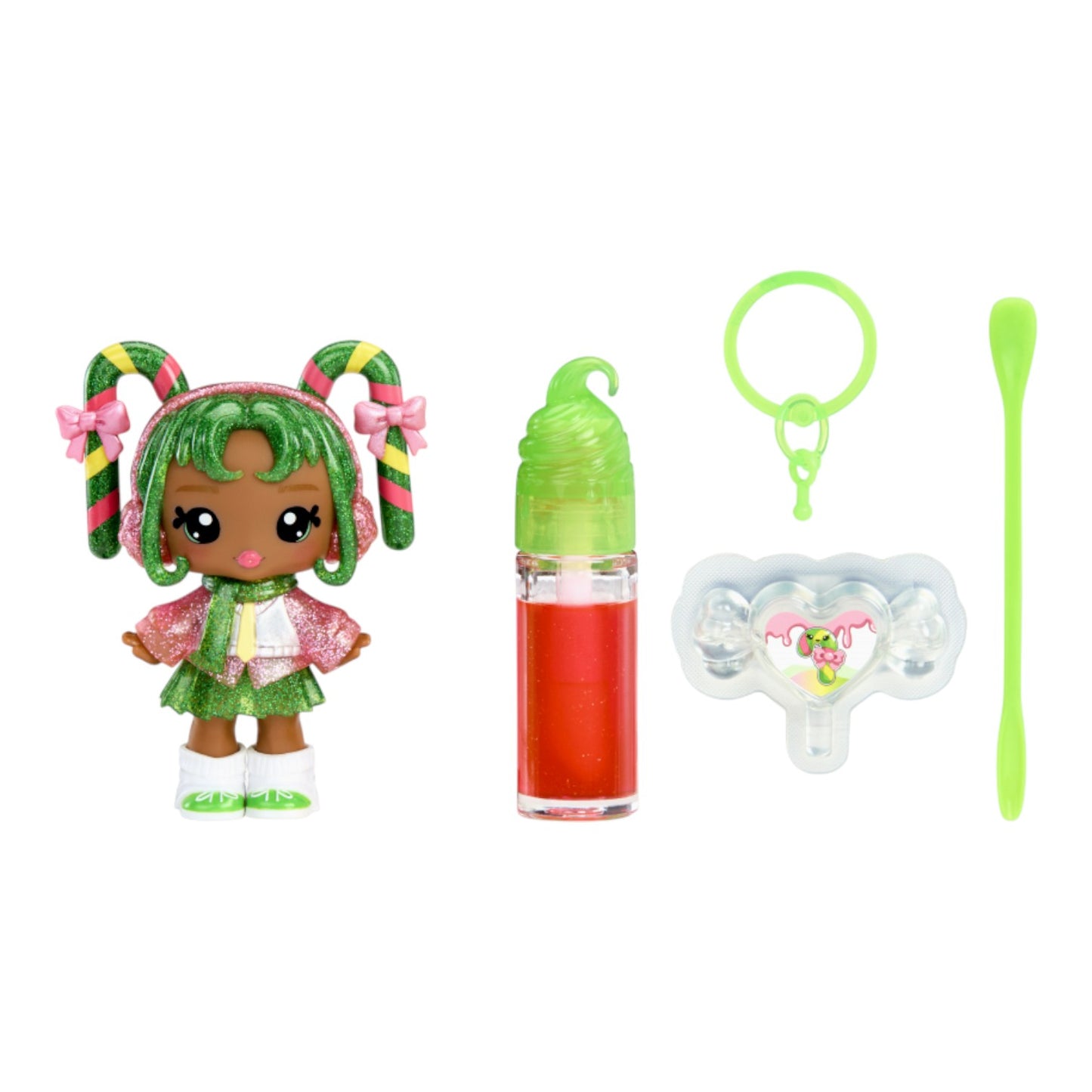 Yummiland Halle Candy Cane Holiday Lip Gloss Doll with DIY Kit with green hair and outfit, accompanied by a bottle, keychain, and pacifier on a white background.