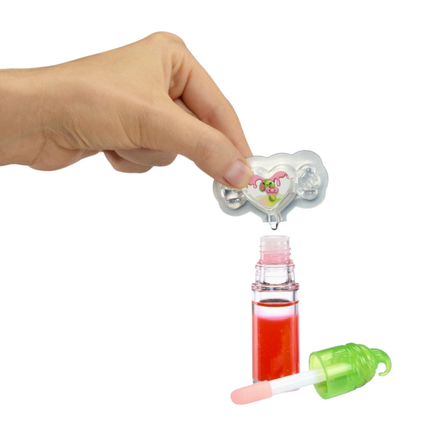 Hand holding a small bottle with a colorful cap and a dropper on a white background