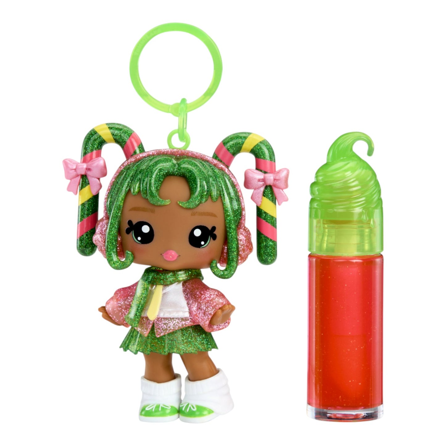 Yummiland Halle Candy Cane Holiday Lip Gloss Doll with DIY Kit with green hair and colorful pigtails next to a red and green container on a white background