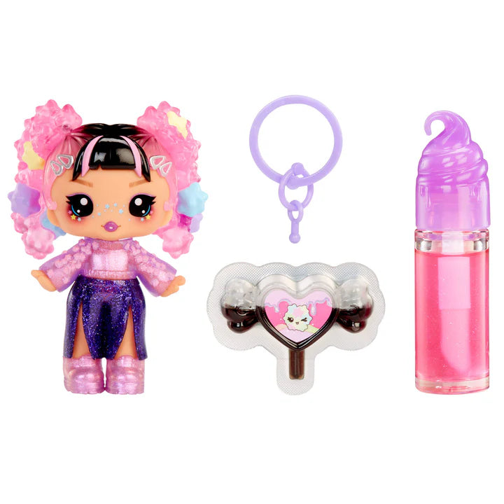 Yummiland Sour Sweeties Astrid Stars doll with pink hair in buns decorated with stars, wearing a sparkly purple outfit, shown with DIY lava lamp lip gloss kit components including pink lip gloss tube, scented drop packet, and keychain ring.