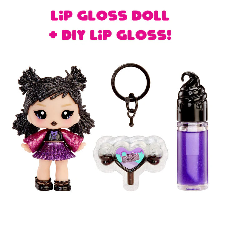 Lip gloss doll, DIY lip gloss kit, and purple lip gloss bottle on a white background