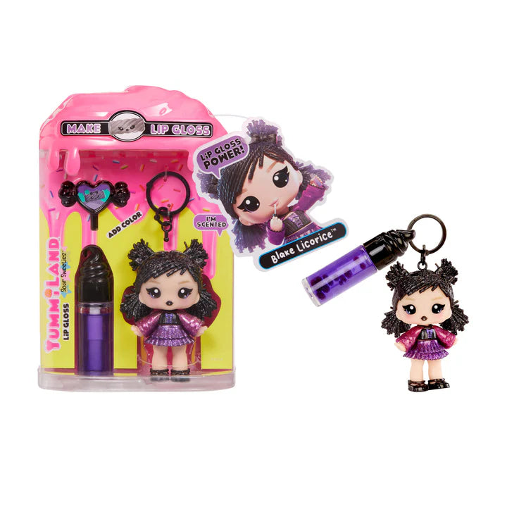 Yummiland Sour Sweeties Blake Licorice doll with sparkly black hair in pigtails, wearing a purple and pink outfit, shown with DIY lava lamp lip gloss kit components including purple lip gloss tube, scented drop packet, and keychain ring.