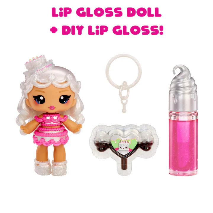 Lip gloss doll and DIY lip gloss kit on a white background