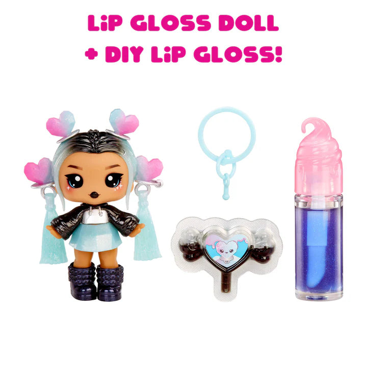 Lip gloss doll and DIY lip gloss set on a white background