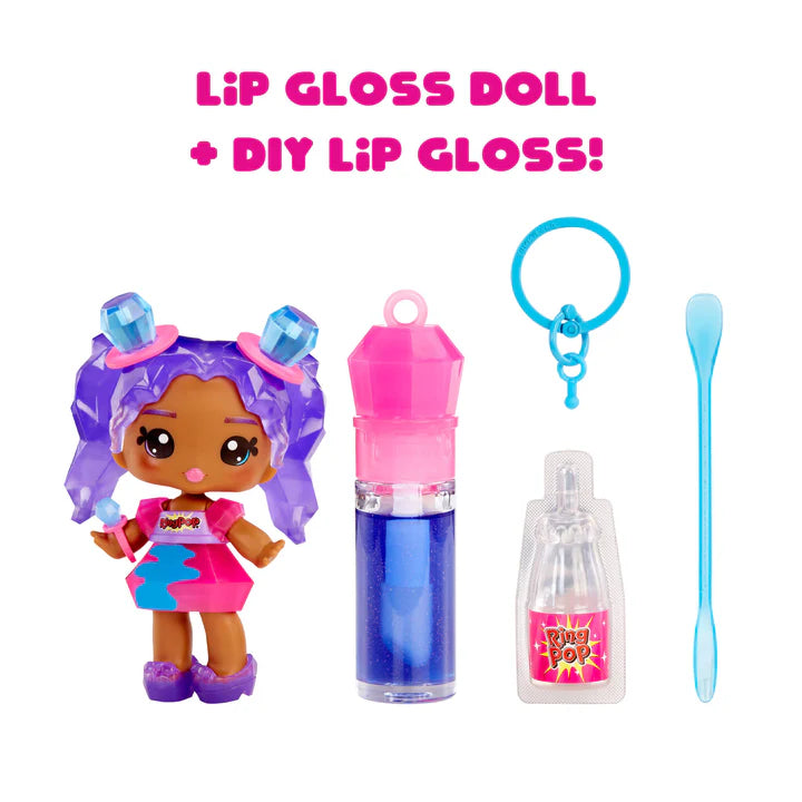 Lip gloss doll with DIY lip gloss kit on a white background