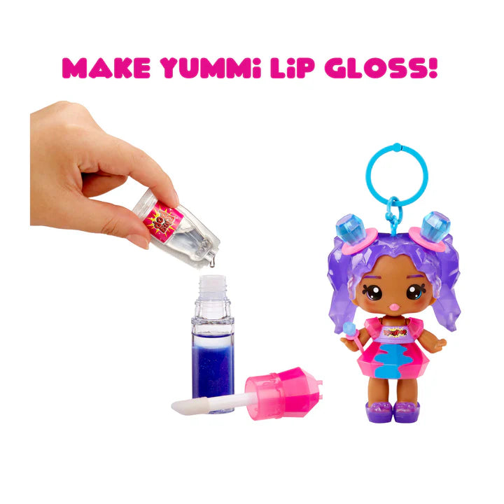 Make Yummi Lip Gloss toy set with doll and lip gloss bottles on a white background