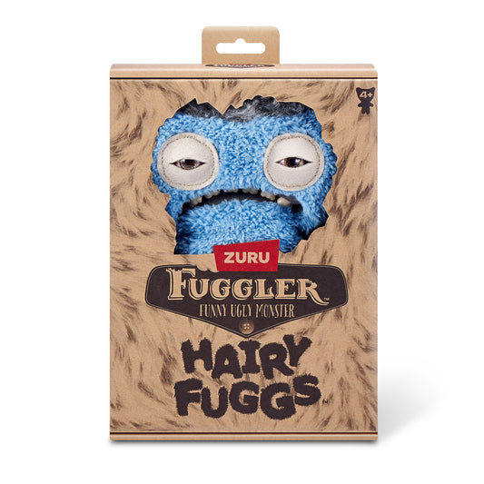 Box of Zuru Fuggler Hairy Fuggs toy with blue fuzzy creature in a wooden-textured box