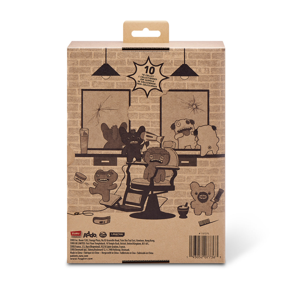 Cardboard packaging with illustrations of Hairy Fuggs Fugglers and a barbershop chair on a white background