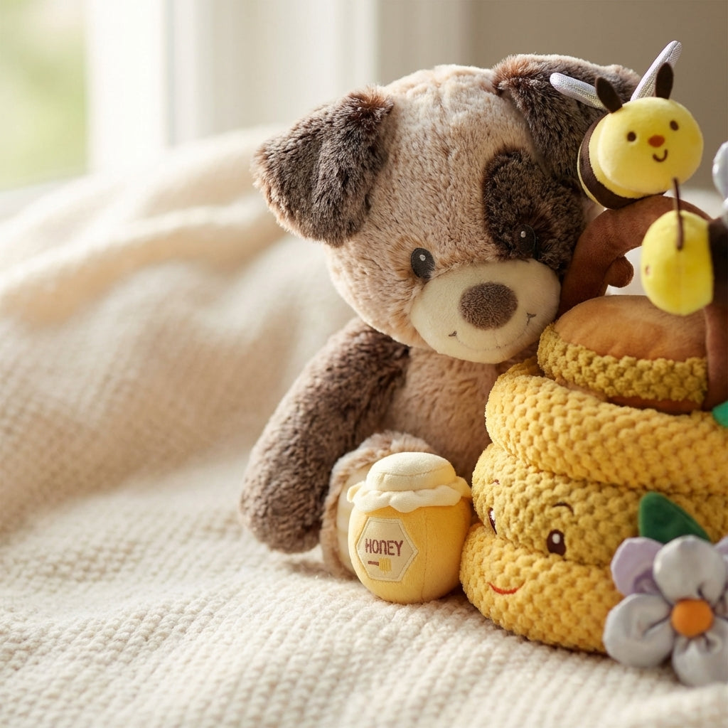 Aurora World Ebba Baby Plush Collection - Grey and white soft cow and bee hive plush playsetan