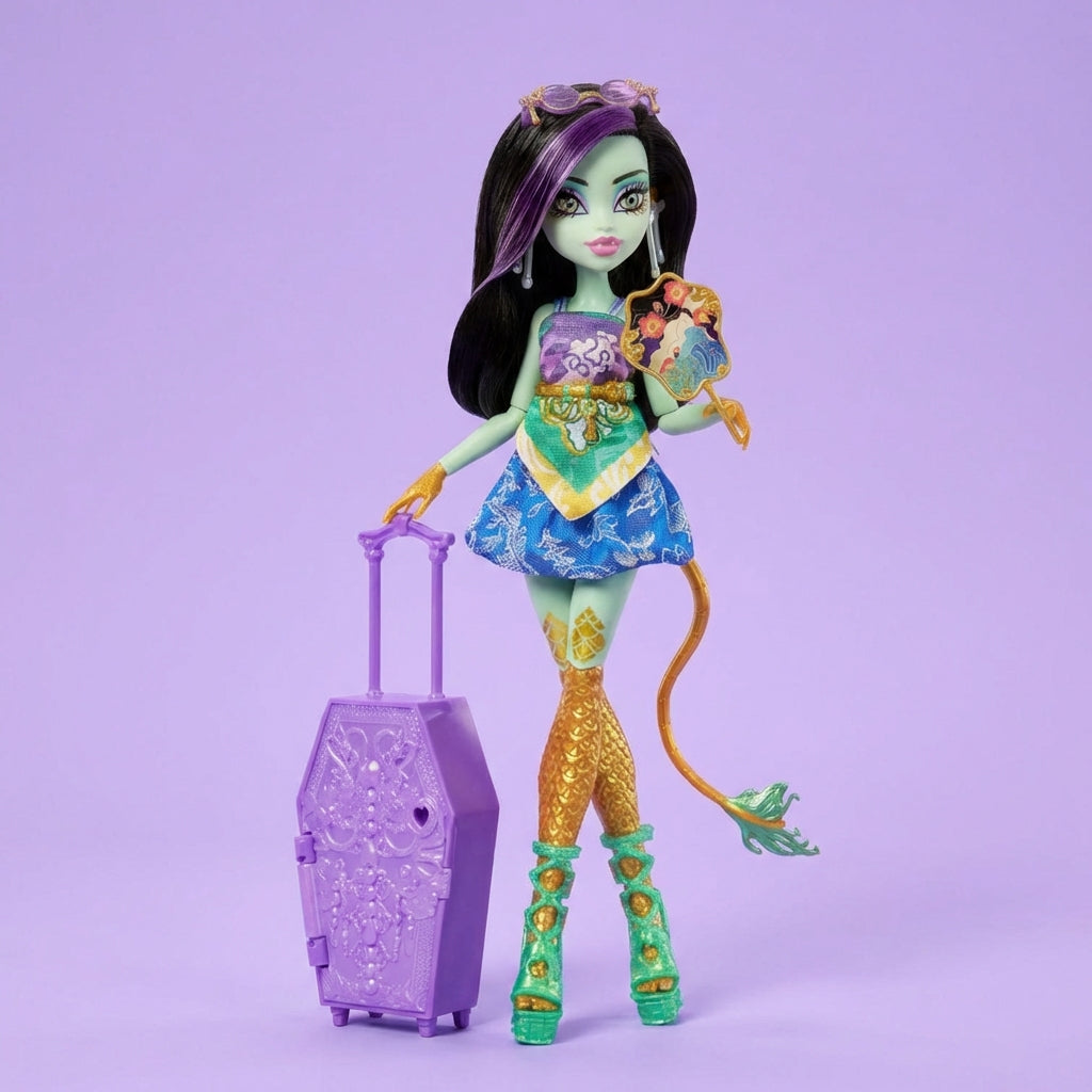 Fashion Dolls Collection. A Monster High Doll Jinafire on a purple background. 