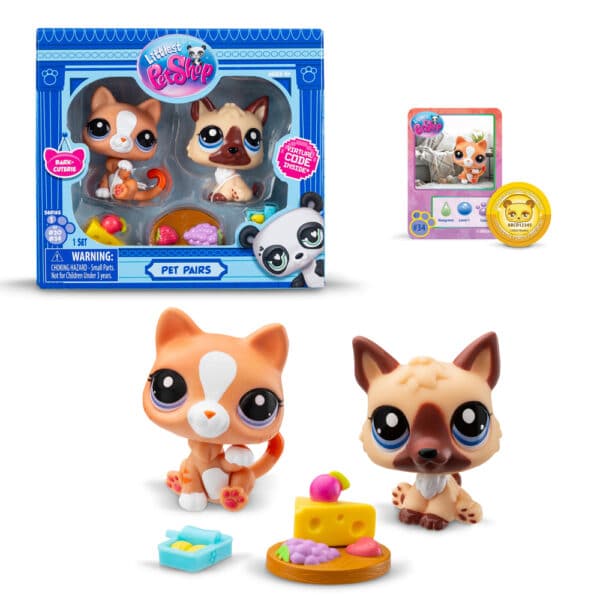 Littlest Pet Shop Bark-cuterie Pet Pair featuring Cat and Shepherd bobblehead figures with a toy cheese and fruit board.