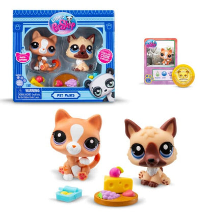 Littlest Pet Shop Bark-cuterie Pet Pair featuring Cat and Shepherd bobblehead figures with a toy cheese and fruit board.