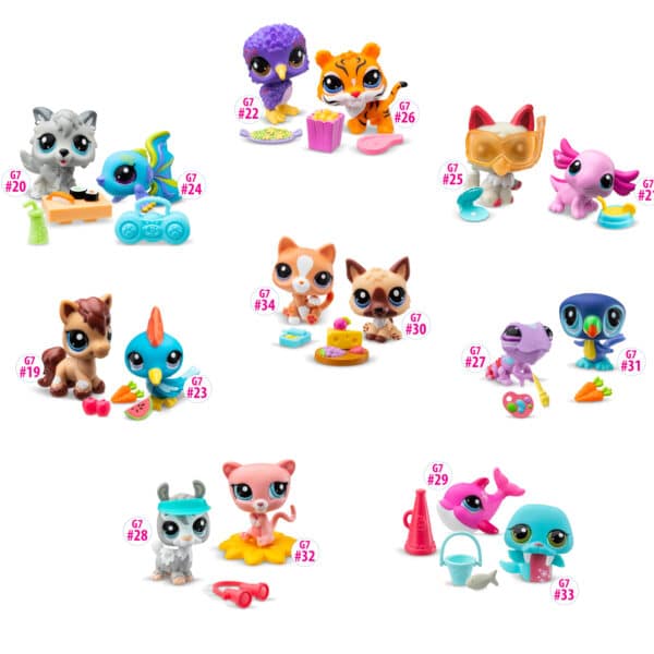 Littlest Pet Shop Bark-cuterie Pet Pair featuring Cat and Shepherd bobblehead figures with a toy cheese and fruit board.