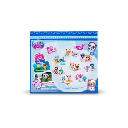 Littlest Pet Shop Bark-cuterie Pet Pair featuring Cat and Shepherd bobblehead figures with a toy cheese and fruit board.
