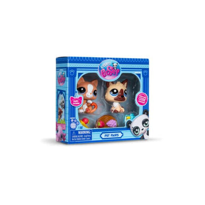 Littlest Pet Shop Bark-cuterie Pet Pair featuring Cat and Shepherd bobblehead figures with a toy cheese and fruit board.