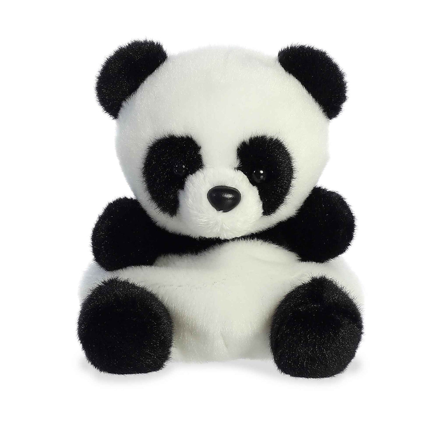 A product photo of the Palm Pals Bamboo Panda 5-Inch Plush, a black and white panda stuffed animal with black eye patches, sitting on a white background.