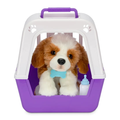 Little Live Pets - My Really Real Puppy Patches Plush dog toy with a purple and white carrier on a white background